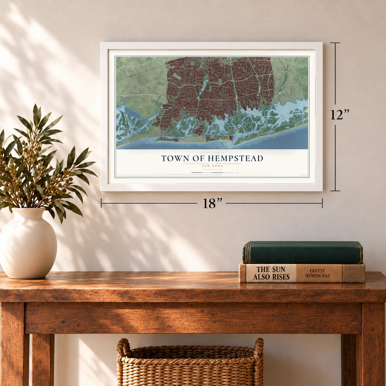 Town of Hempstead, New York map, 12 x 18 inch print in a white frame in an entryway