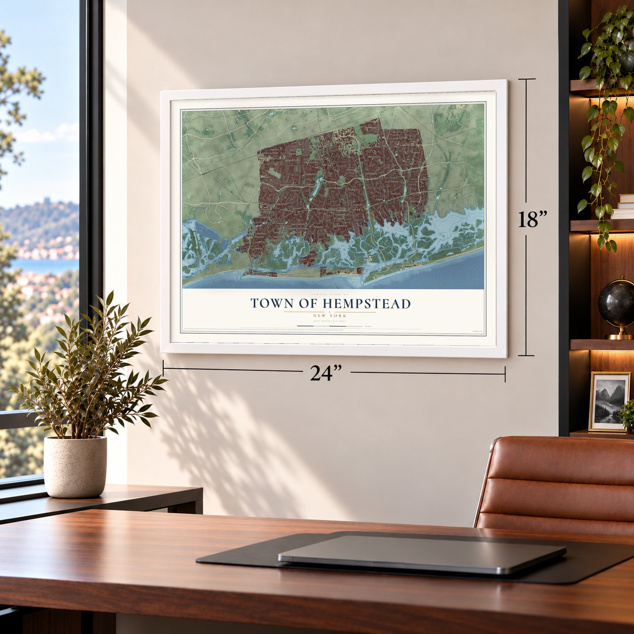Town of Hempstead, New York map, 18 x 24 inch print in a white frame in a home office