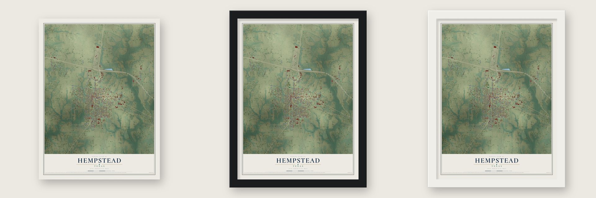 Hempstead, Texas map unframed, in a black wood frame and in a white wood frame