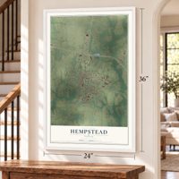 Hempstead, Texas map, 24 x 36 inch print in a white frame by a staircase