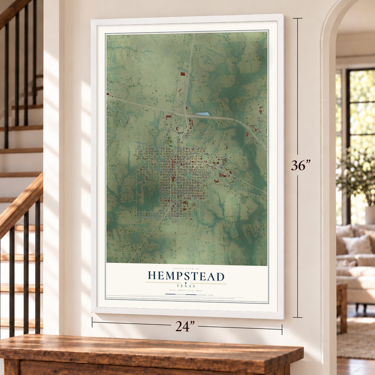Hempstead, Texas map, 24 x 36 inch print in a white frame by a staircase