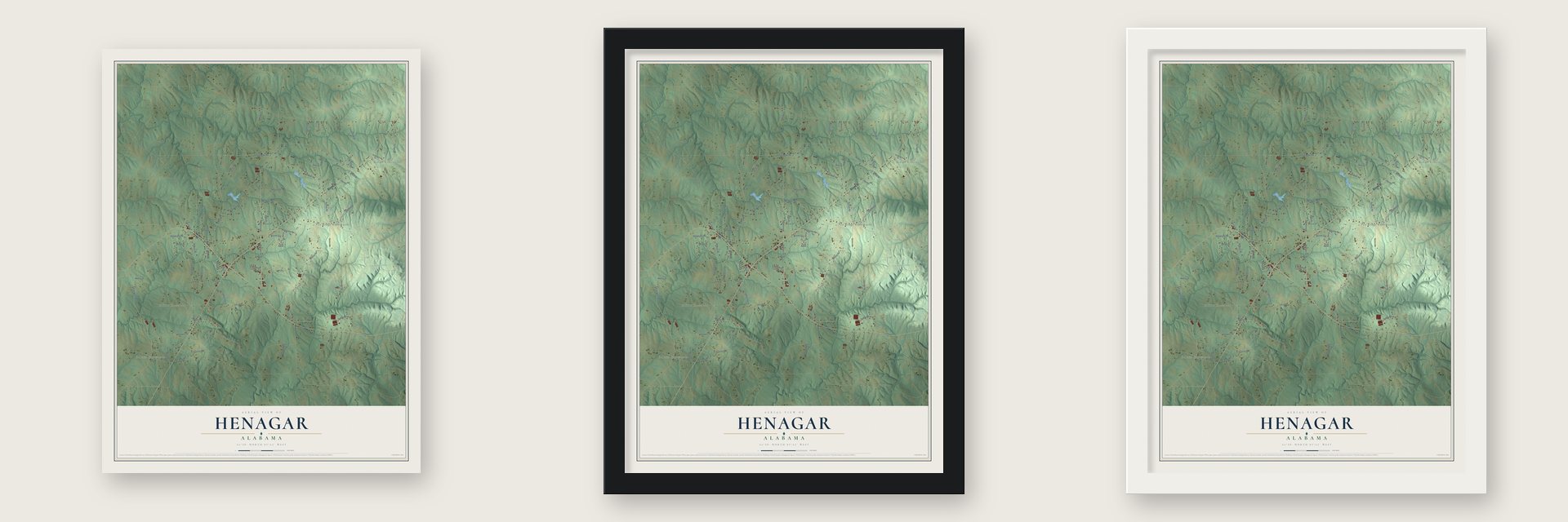 Henagar, Alabama map unframed, in a black wood frame and in a white wood frame