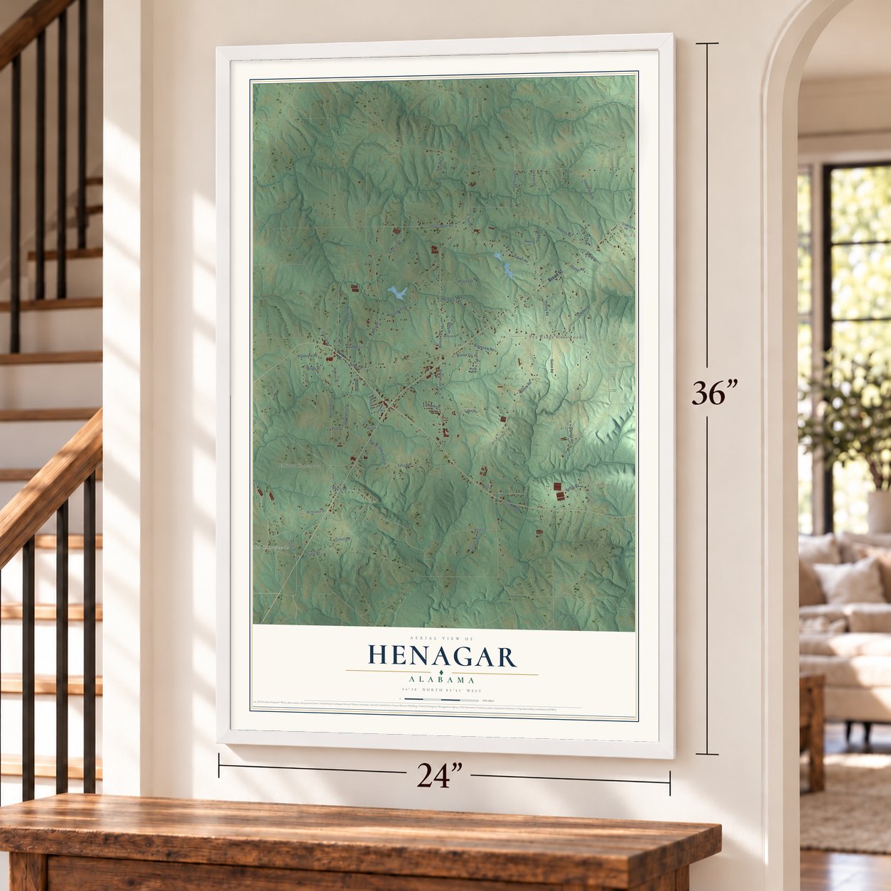 Henagar, Alabama map, 24 x 36 inch print in a white frame by a staircase