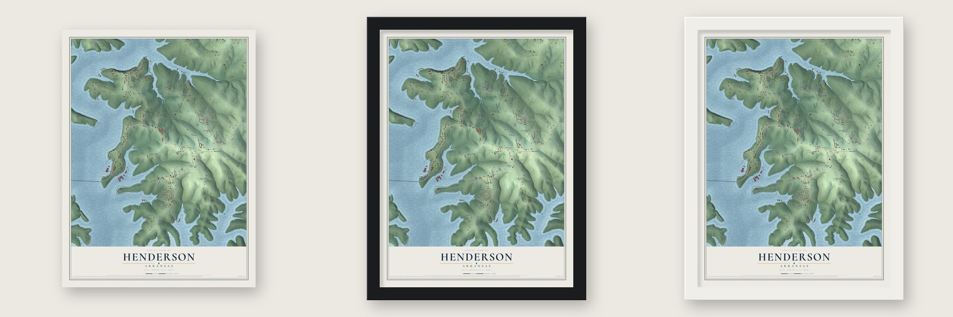 Henderson, Arkansas map unframed, in a black wood frame and in a white wood frame