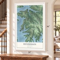 Henderson, Arkansas map, 24 x 36 inch print in a white frame by a staircase