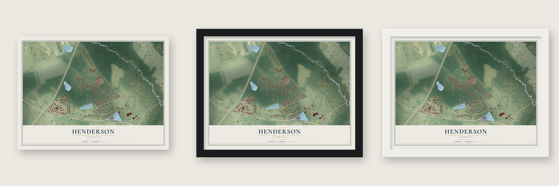 Henderson, Georgia map unframed, in a black wood frame and in a white wood frame