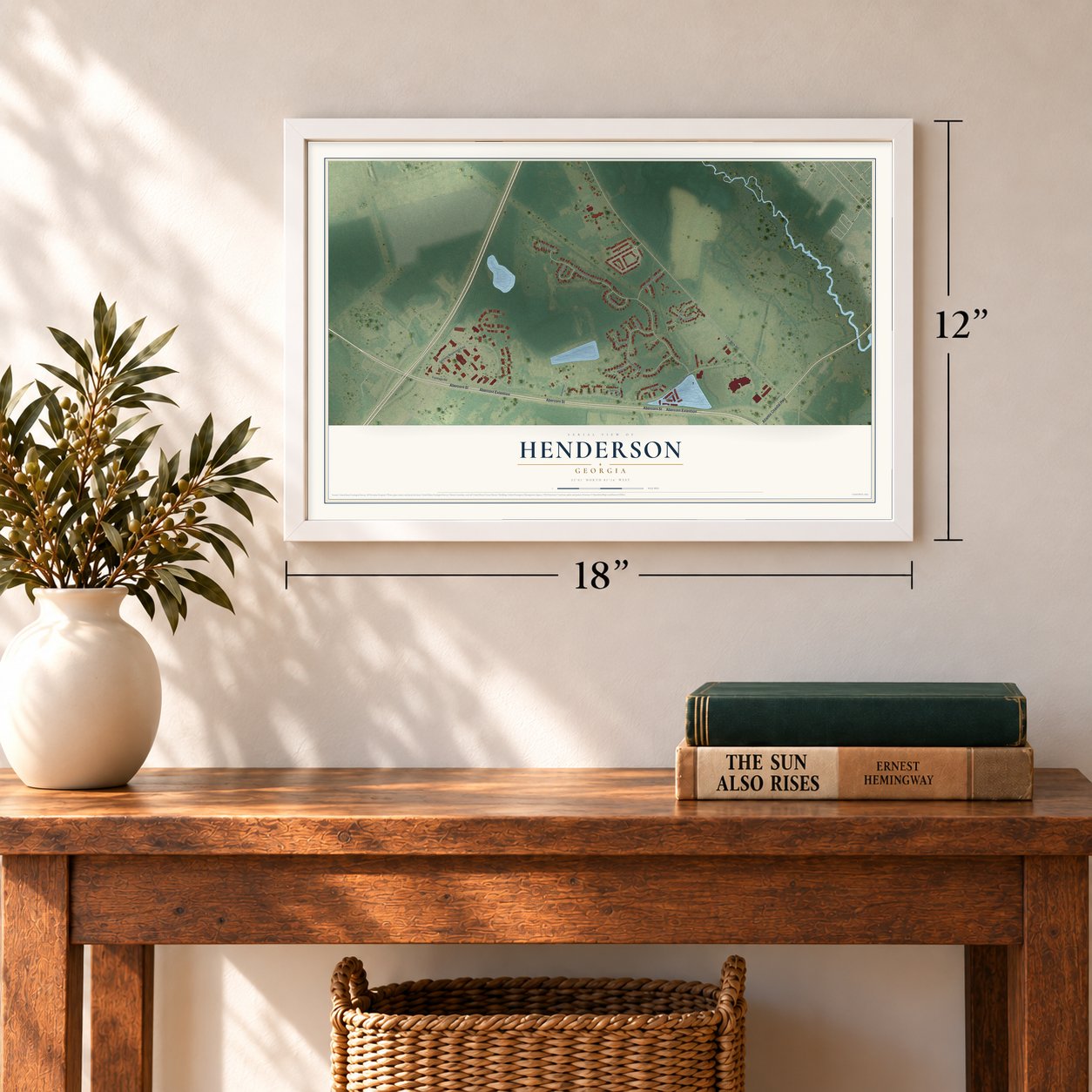 Henderson, Georgia map, 12 x 18 inch print in a white frame in an entryway