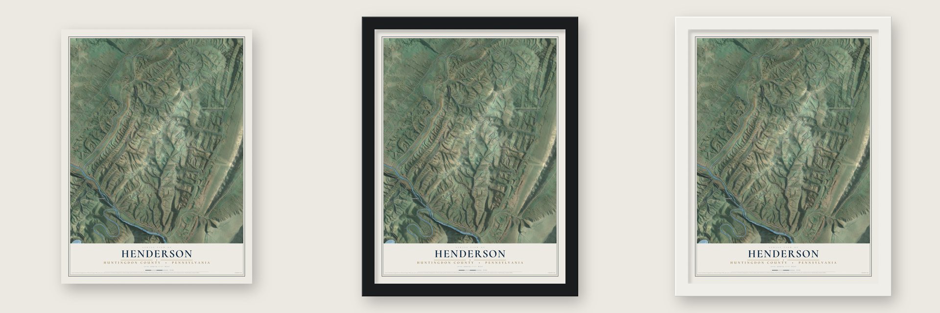 Henderson, Huntingdon County, Pennsylvania map unframed, in a black wood frame and in a white wood frame