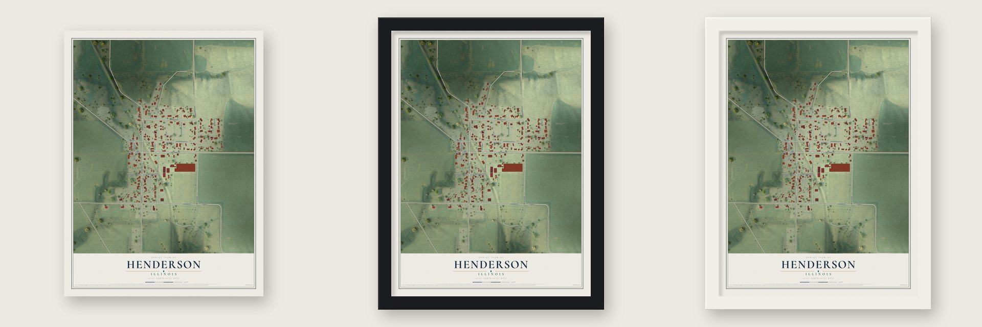 Henderson, Illinois map unframed, in a black wood frame and in a white wood frame