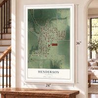 Henderson, Illinois map, 24 x 36 inch print in a white frame by a staircase