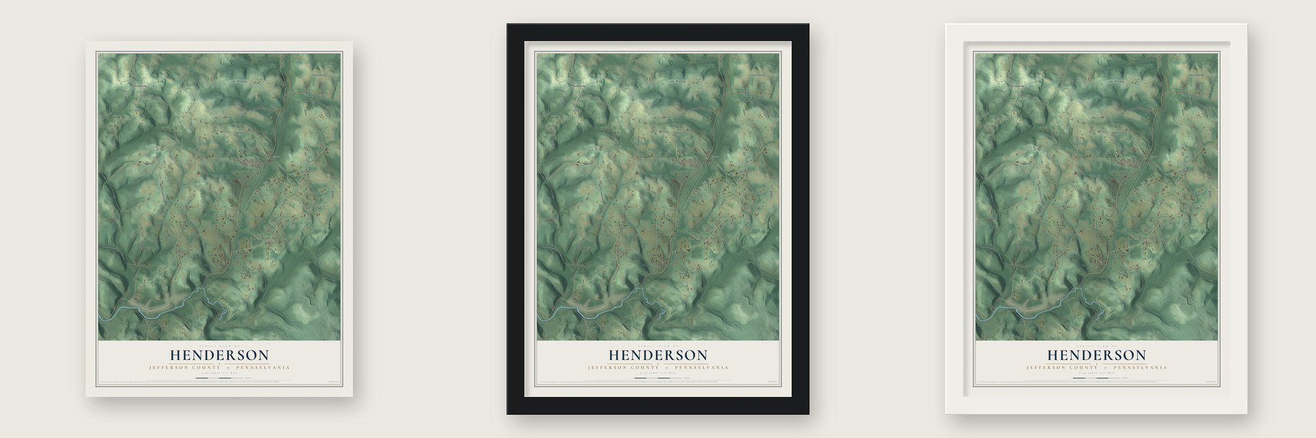 Henderson, Jefferson County, Pennsylvania map unframed, in a black wood frame and in a white wood frame