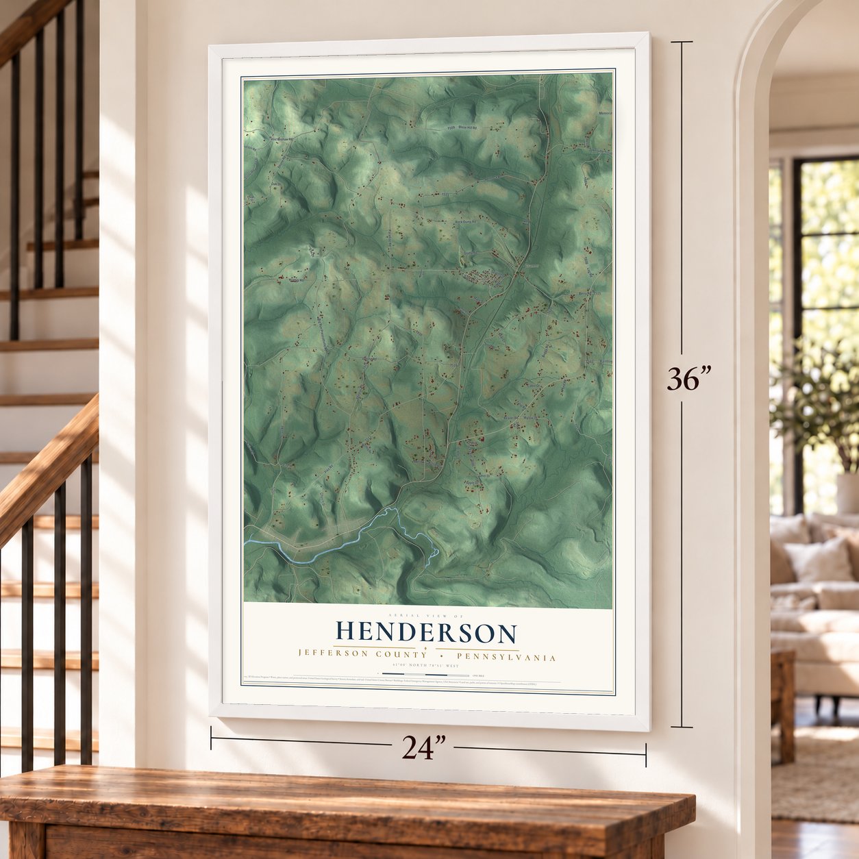 Henderson, Jefferson County, Pennsylvania map, 24 x 36 inch print in a white frame by a staircase