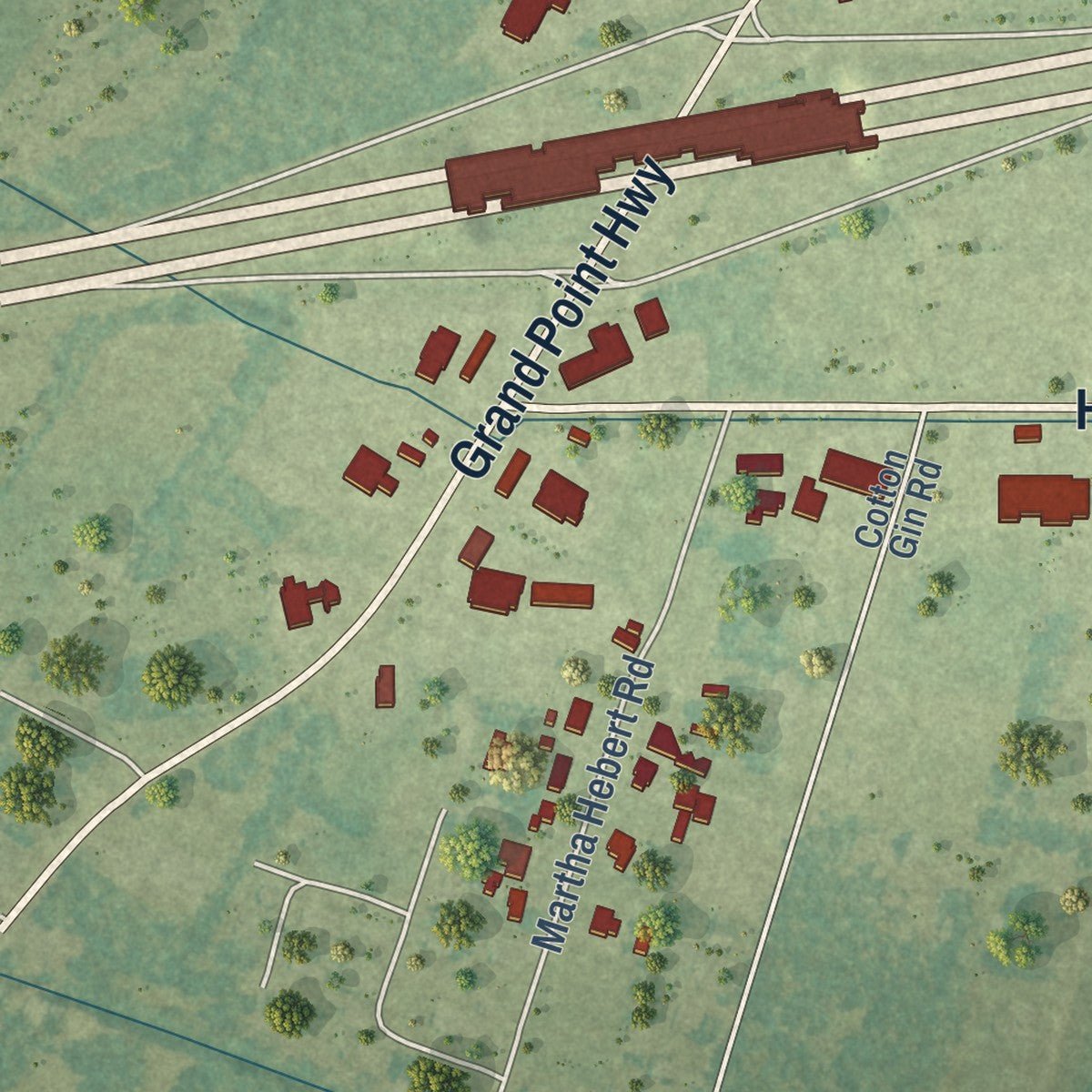 Second close-up of the map of Henderson, Louisiana print showing more streets and buildings