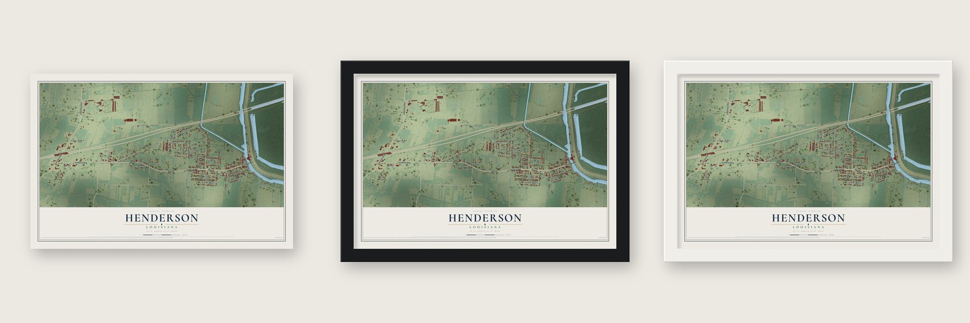 Henderson, Louisiana map unframed, in a black wood frame and in a white wood frame