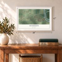 Henderson, Louisiana map, 12 x 18 inch print in a white frame in an entryway
