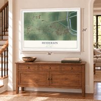 Henderson, Louisiana map, 24 x 36 inch print in a white frame above a dresser by a staircase