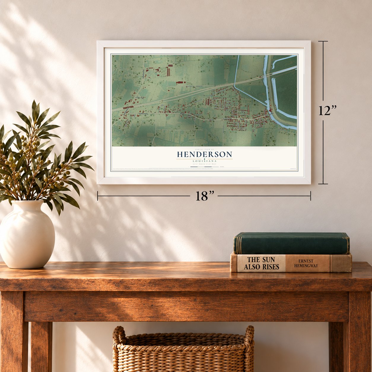 Henderson, Louisiana map, 12 x 18 inch print in a white frame in an entryway