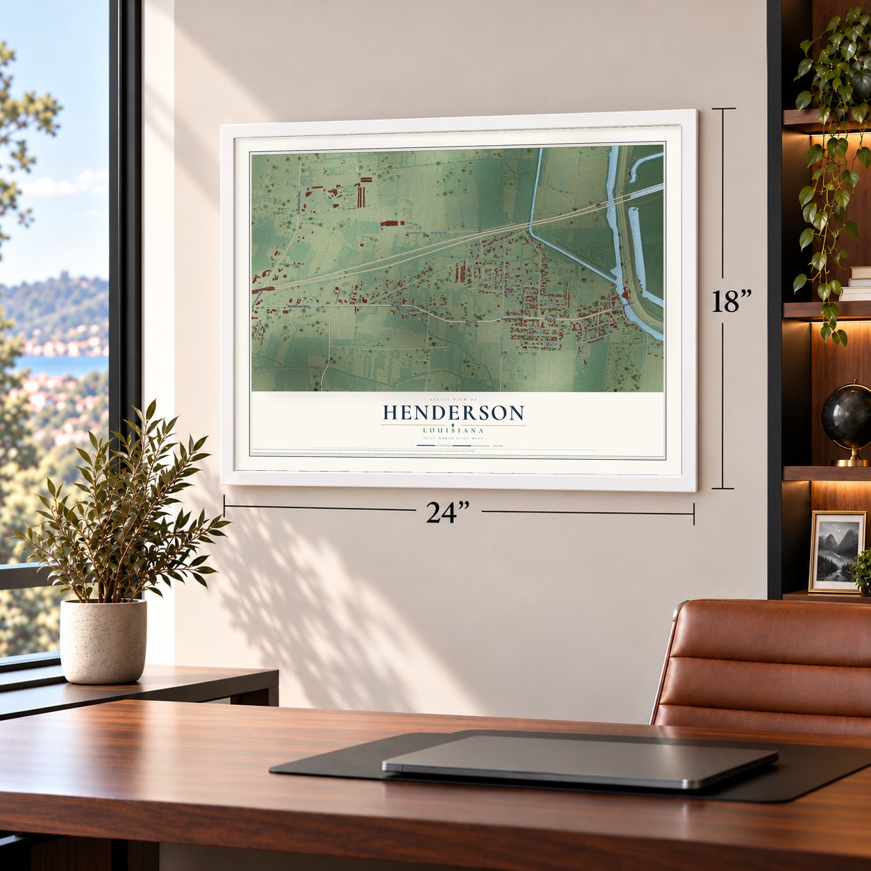 Henderson, Louisiana map, 18 x 24 inch print in a white frame in a home office