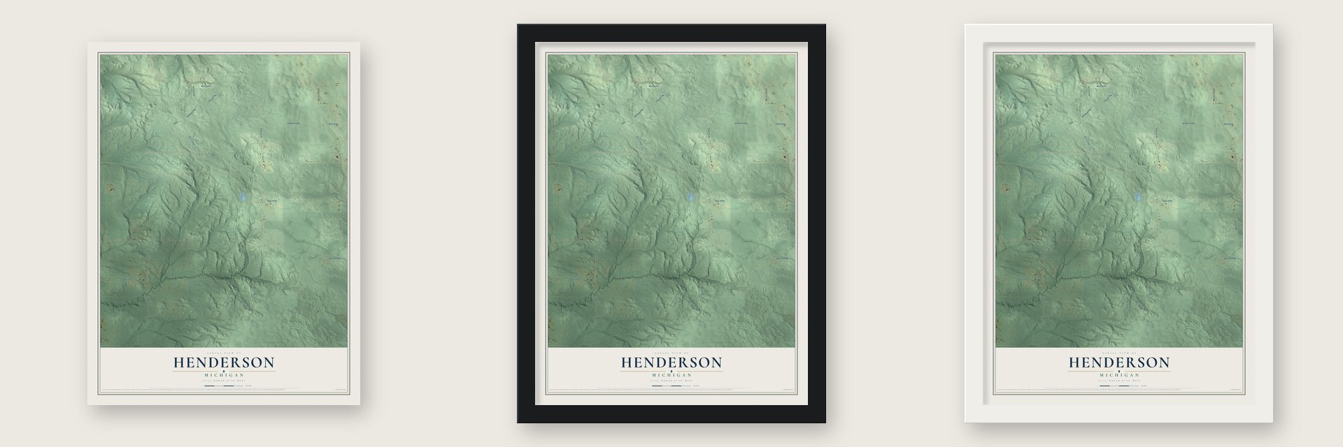 Henderson, Michigan map unframed, in a black wood frame and in a white wood frame