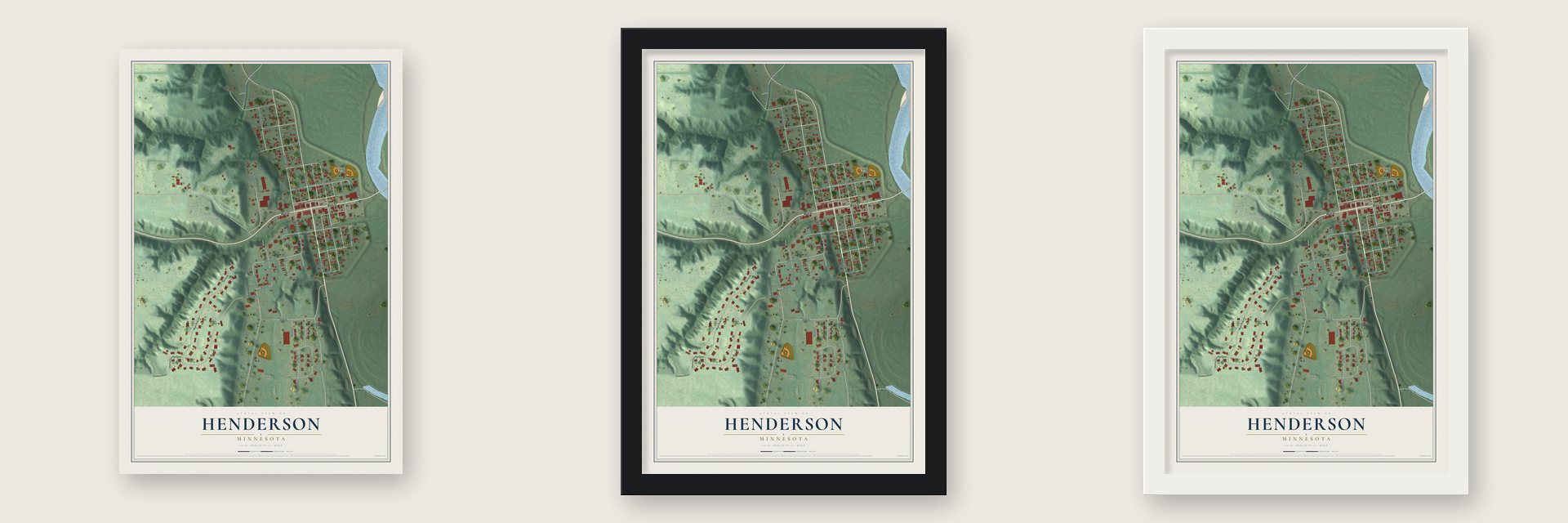 Henderson, Minnesota map unframed, in a black wood frame and in a white wood frame