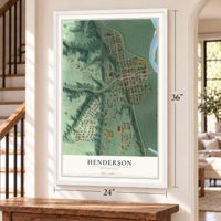 Henderson, Minnesota map, 24 x 36 inch print in a white frame by a staircase