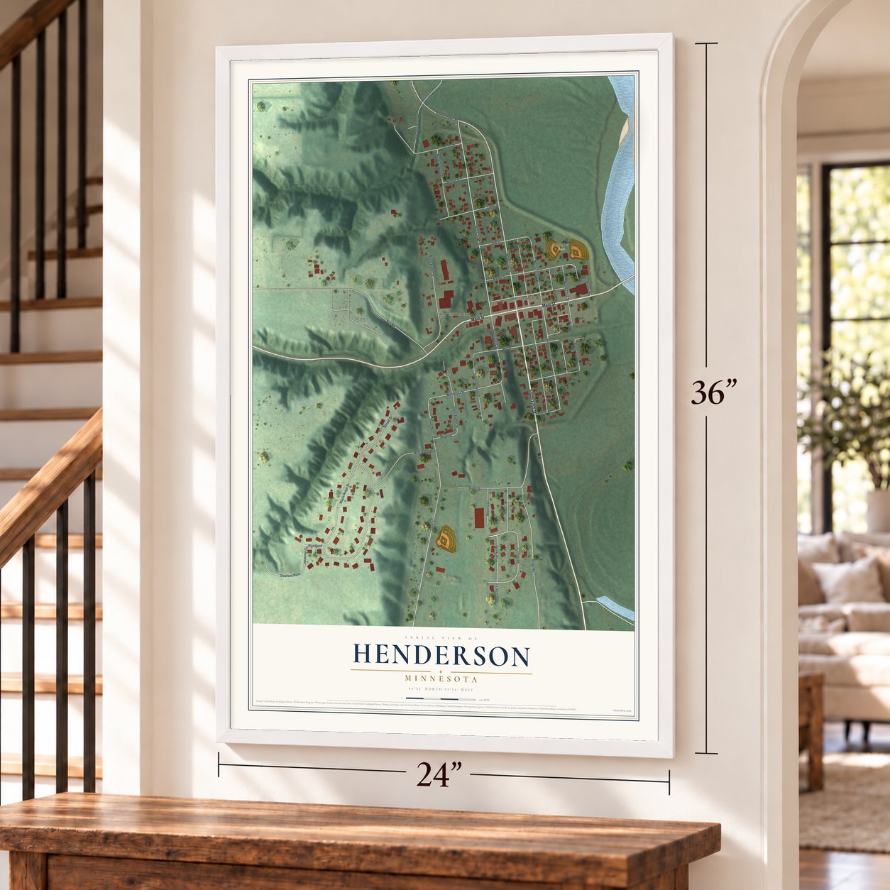 Henderson, Minnesota map, 24 x 36 inch print in a white frame by a staircase
