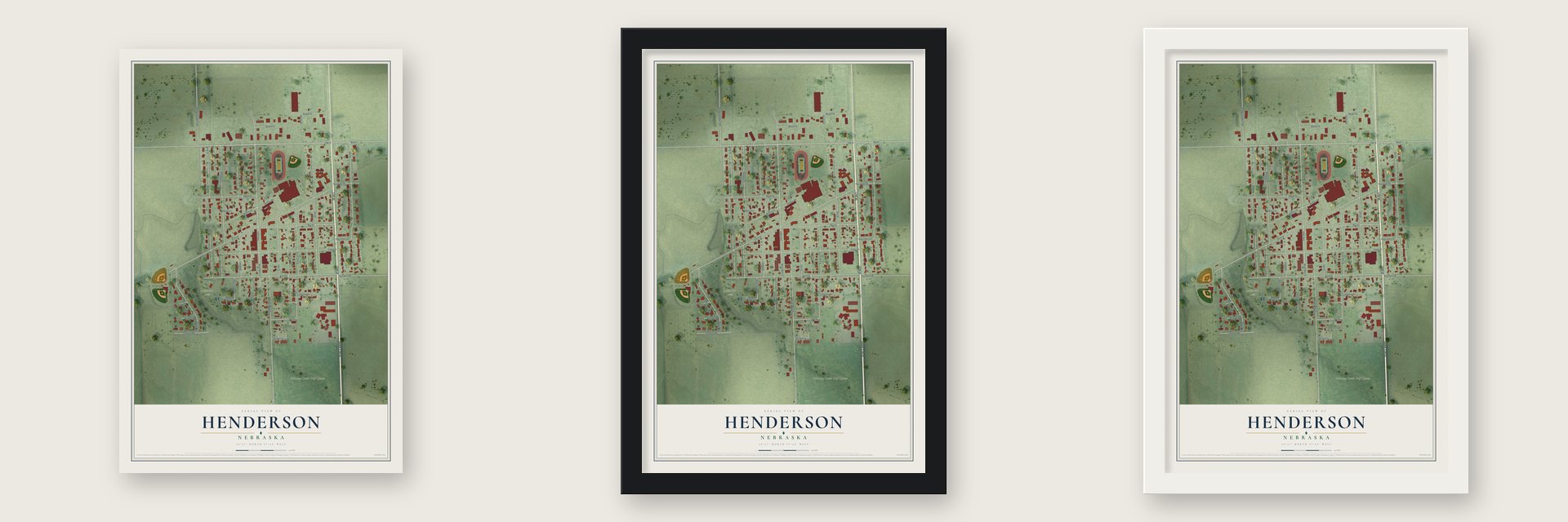 Henderson, Nebraska map unframed, in a black wood frame and in a white wood frame