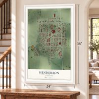 Henderson, Nebraska map, 24 x 36 inch print in a white frame by a staircase