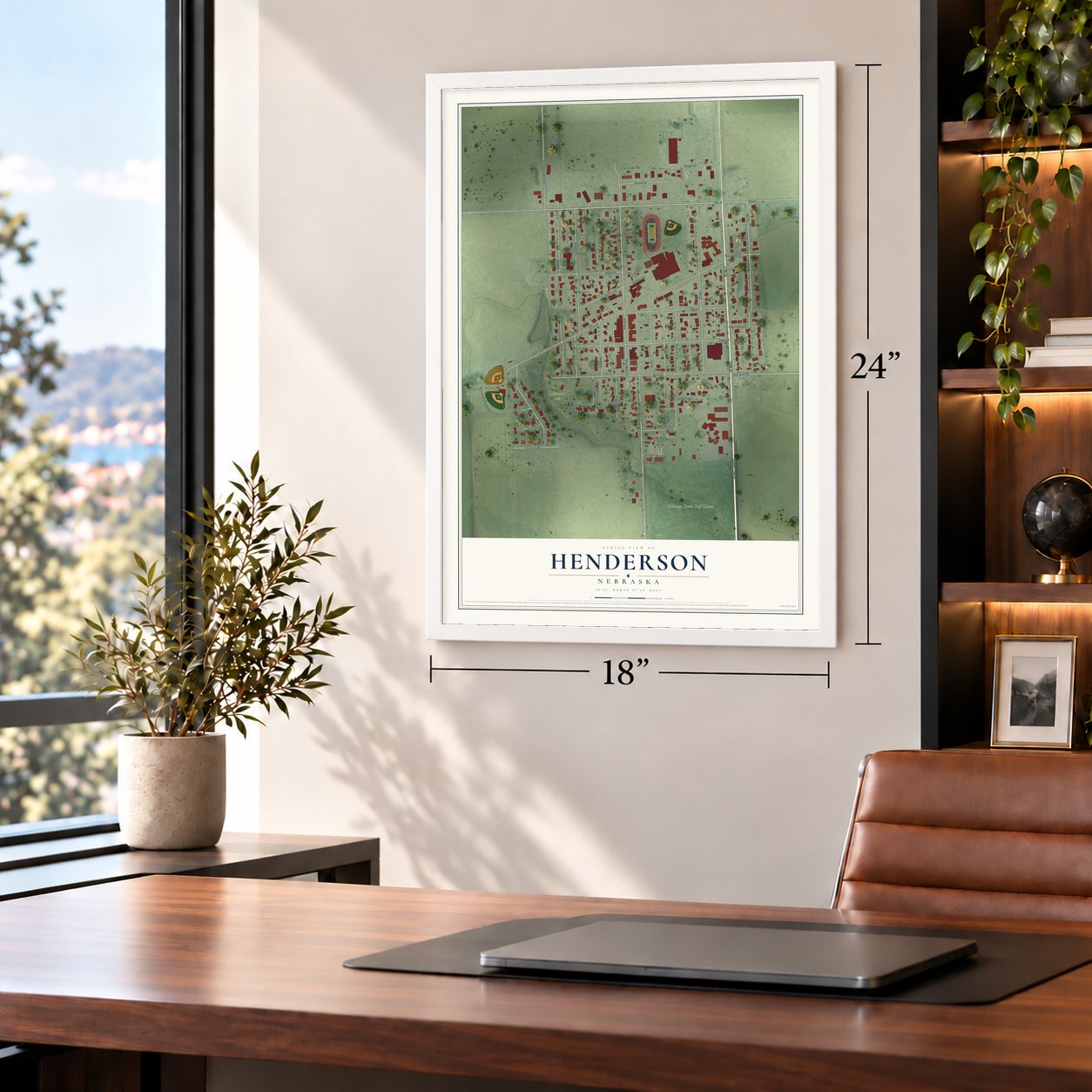 Henderson, Nebraska map, 18 x 24 inch print in a white frame in a home office