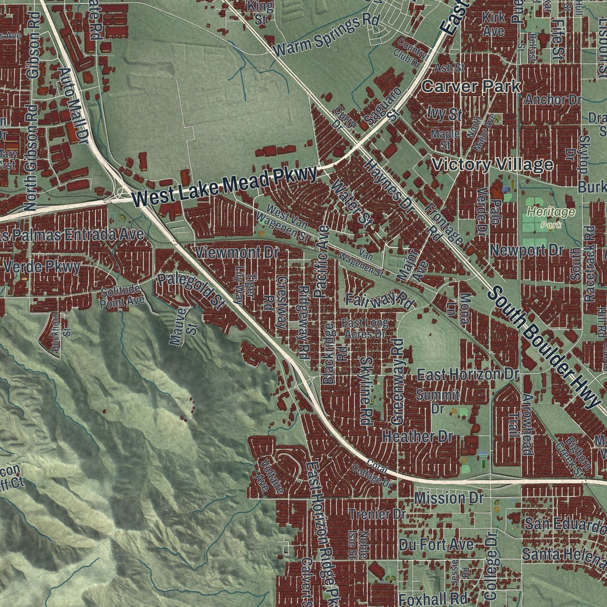 Second close-up of the map of Henderson, Nevada print showing more streets and buildings