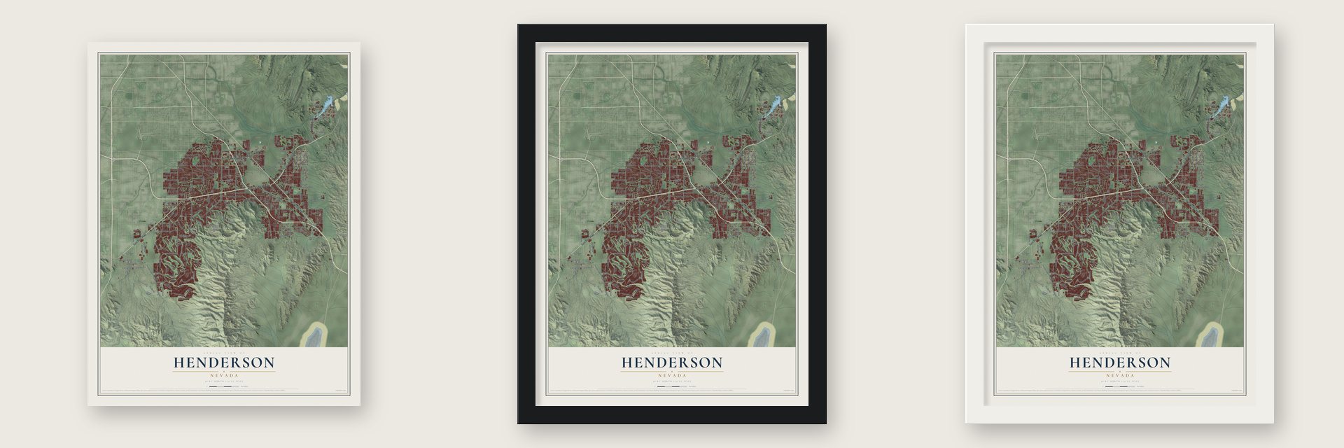 Henderson, Nevada map unframed, in a black wood frame and in a white wood frame