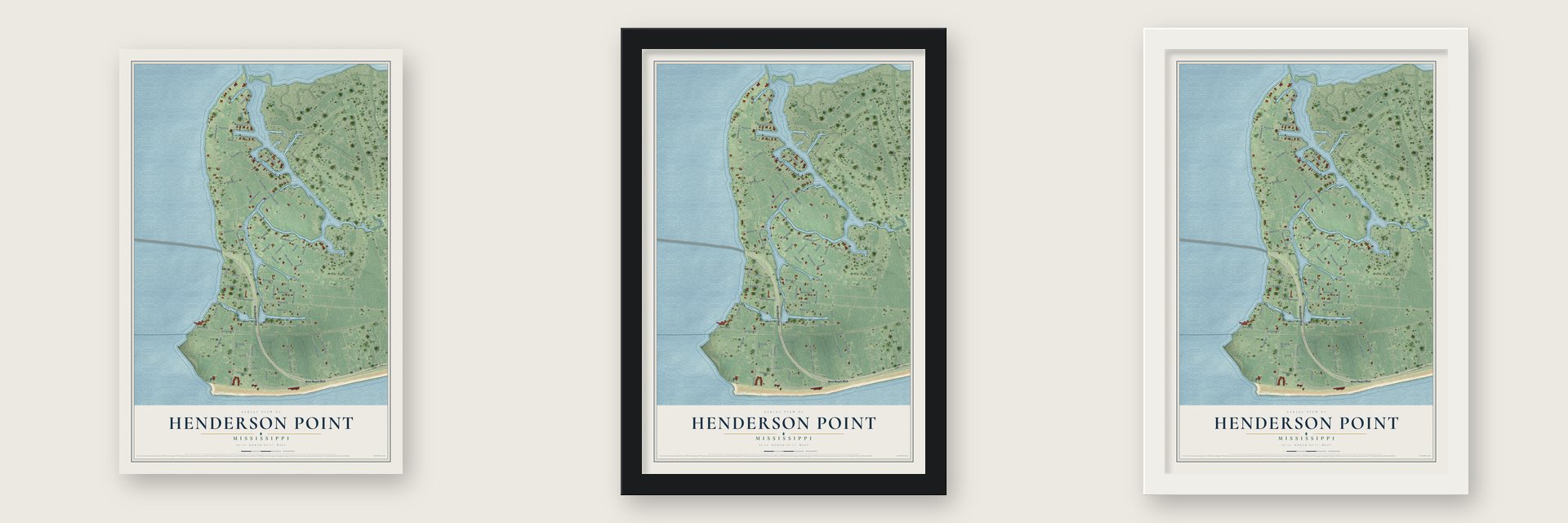 Henderson Point, Mississippi map unframed, in a black wood frame and in a white wood frame