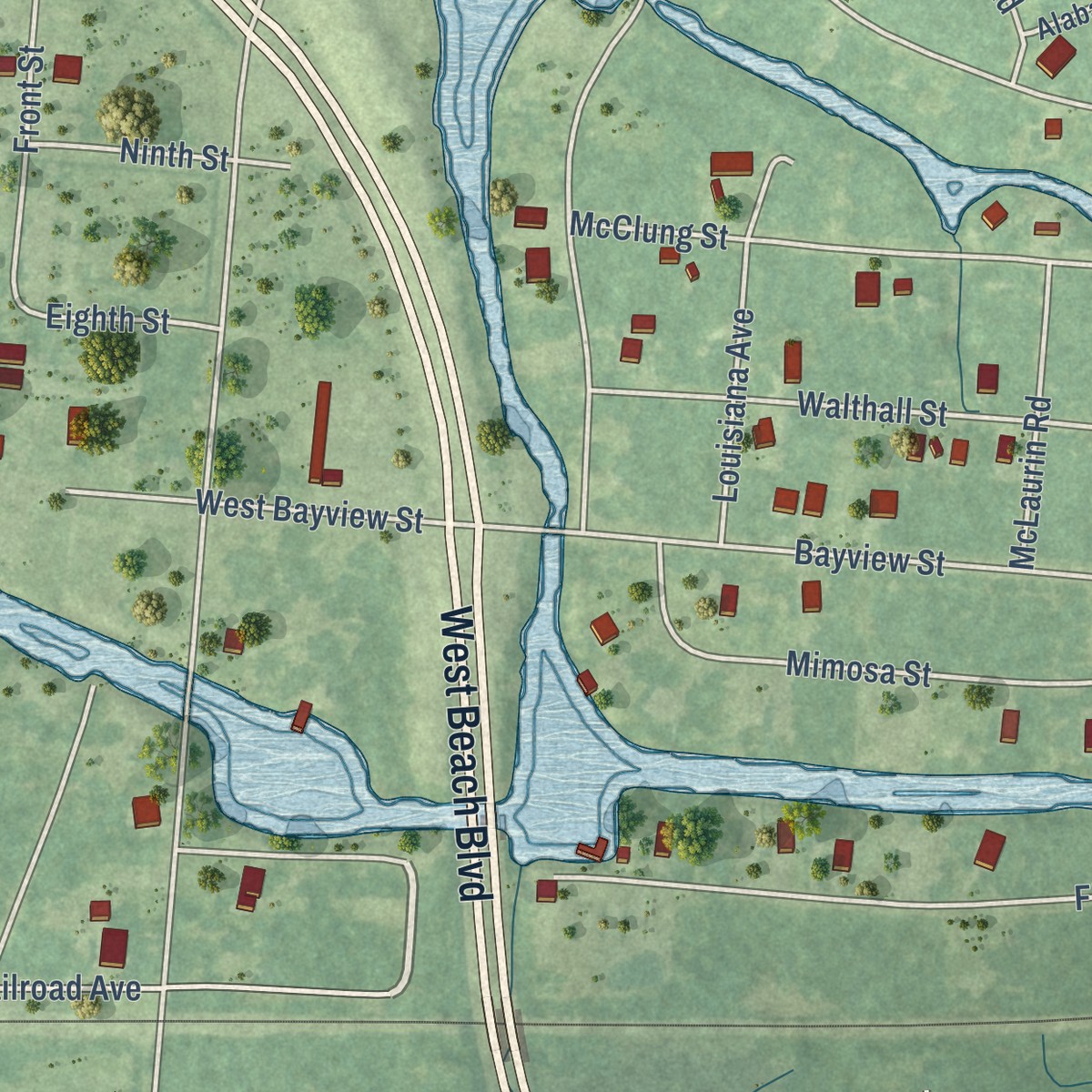 Second close-up of the map of Henderson Point, Mississippi print showing more streets and buildings