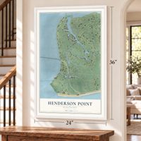 Henderson Point, Mississippi map, 24 x 36 inch print in a white frame by a staircase