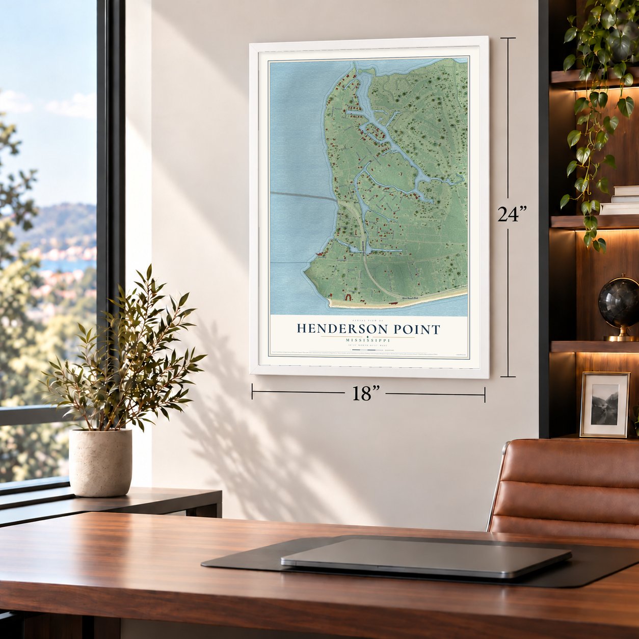 Henderson Point, Mississippi map, 18 x 24 inch print in a white frame in a home office