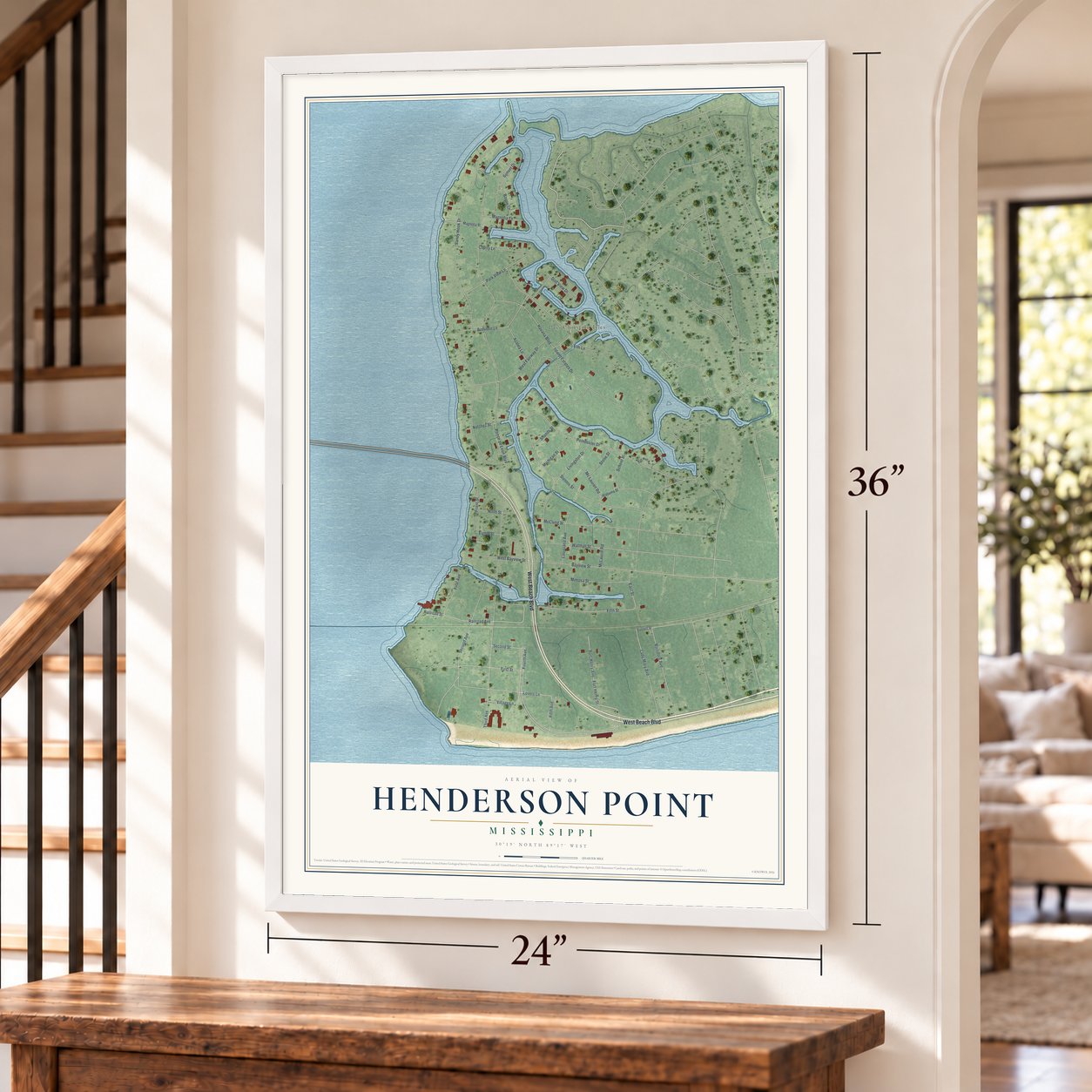 Henderson Point, Mississippi map, 24 x 36 inch print in a white frame by a staircase