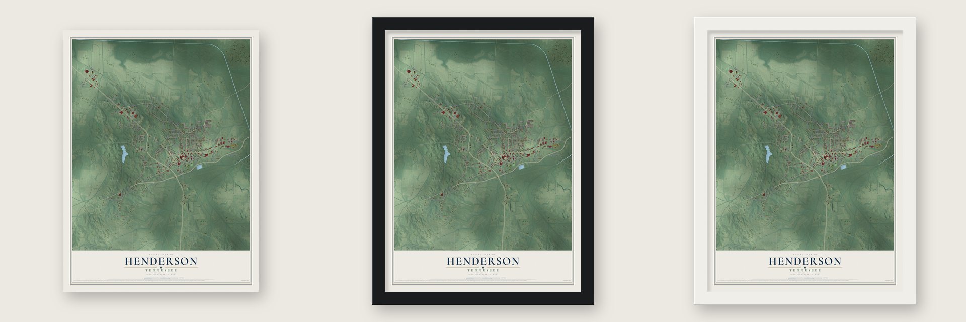 Henderson, Tennessee map unframed, in a black wood frame and in a white wood frame