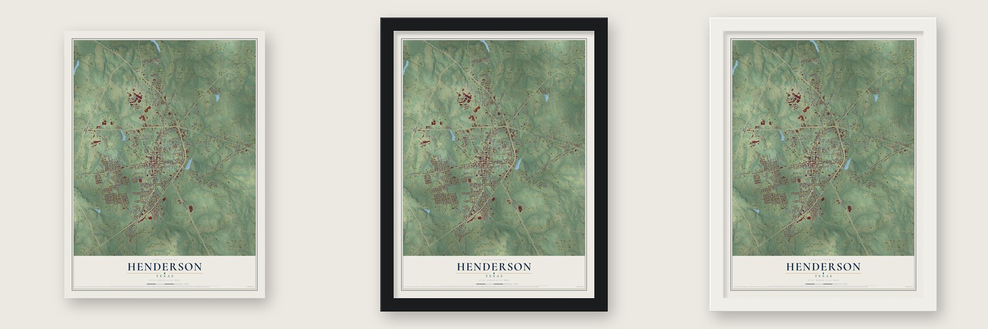 Henderson, Texas map unframed, in a black wood frame and in a white wood frame