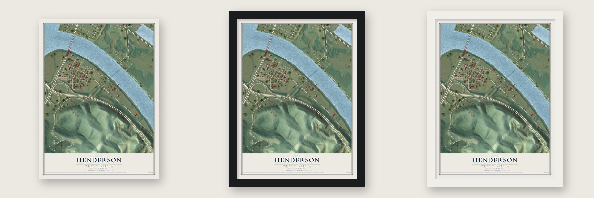 Henderson, West Virginia map unframed, in a black wood frame and in a white wood frame