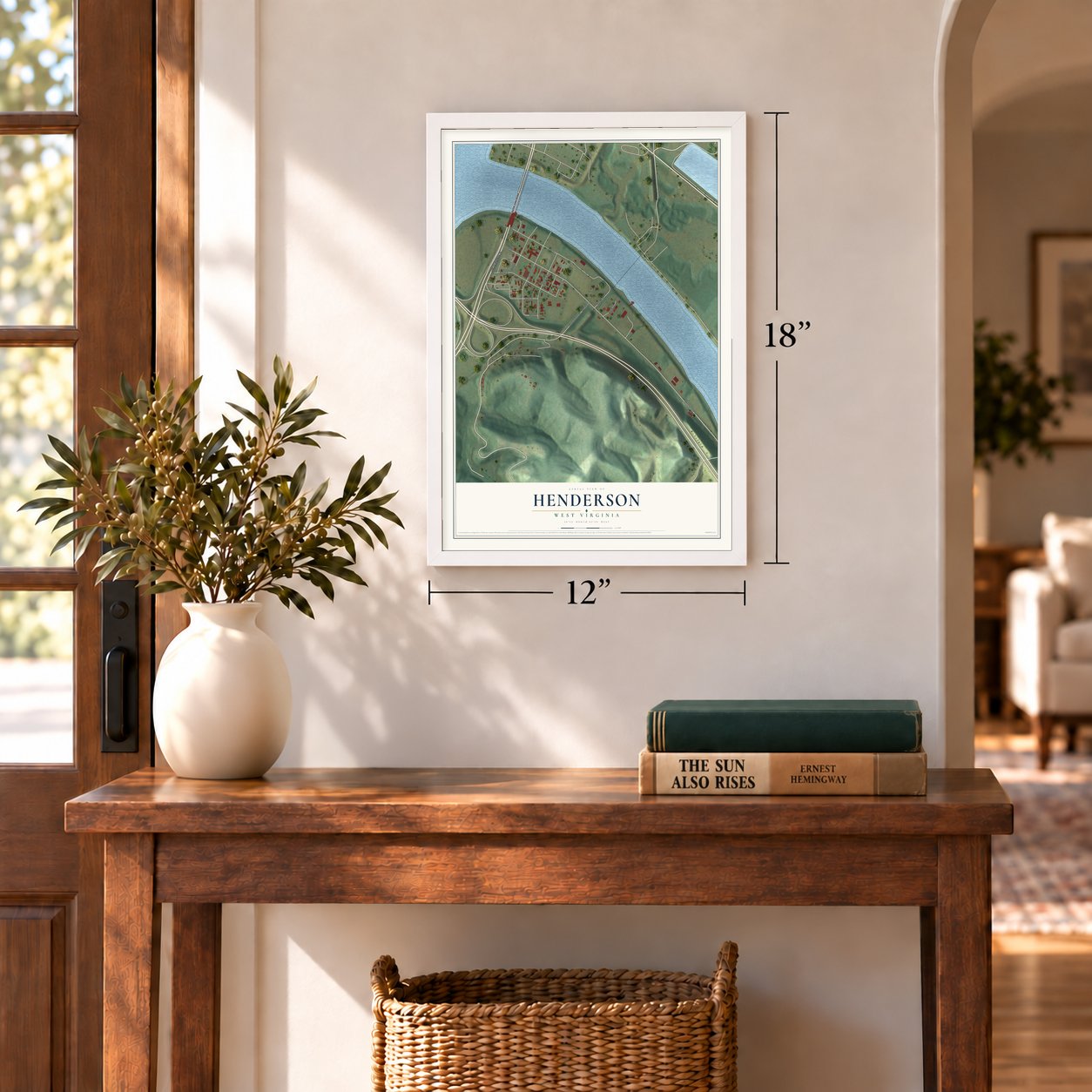 Henderson, West Virginia map, 12 x 18 inch print in a white frame in an entryway