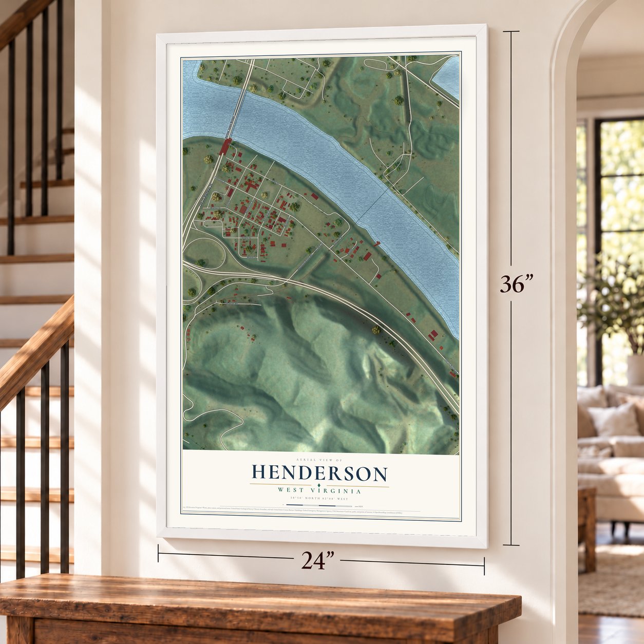 Henderson, West Virginia map, 24 x 36 inch print in a white frame by a staircase