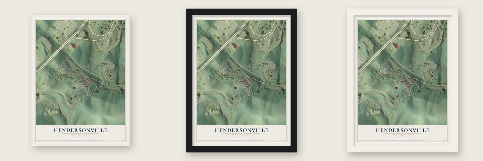 Hendersonville, Pennsylvania map unframed, in a black wood frame and in a white wood frame