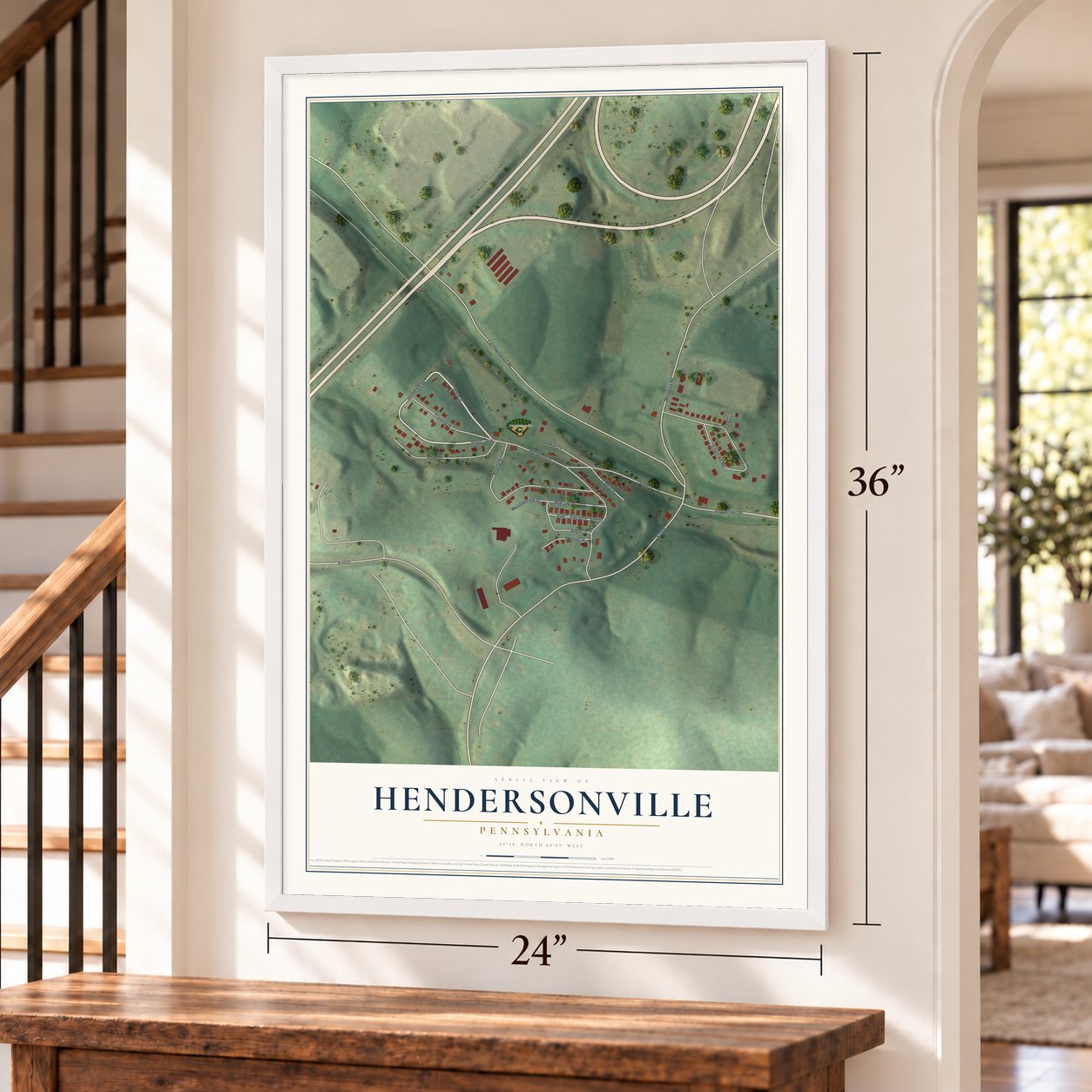 Hendersonville, Pennsylvania map, 24 x 36 inch print in a white frame by a staircase
