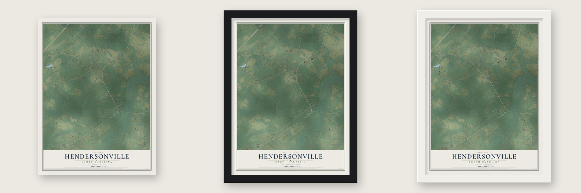 Hendersonville, South Carolina map unframed, in a black wood frame and in a white wood frame
