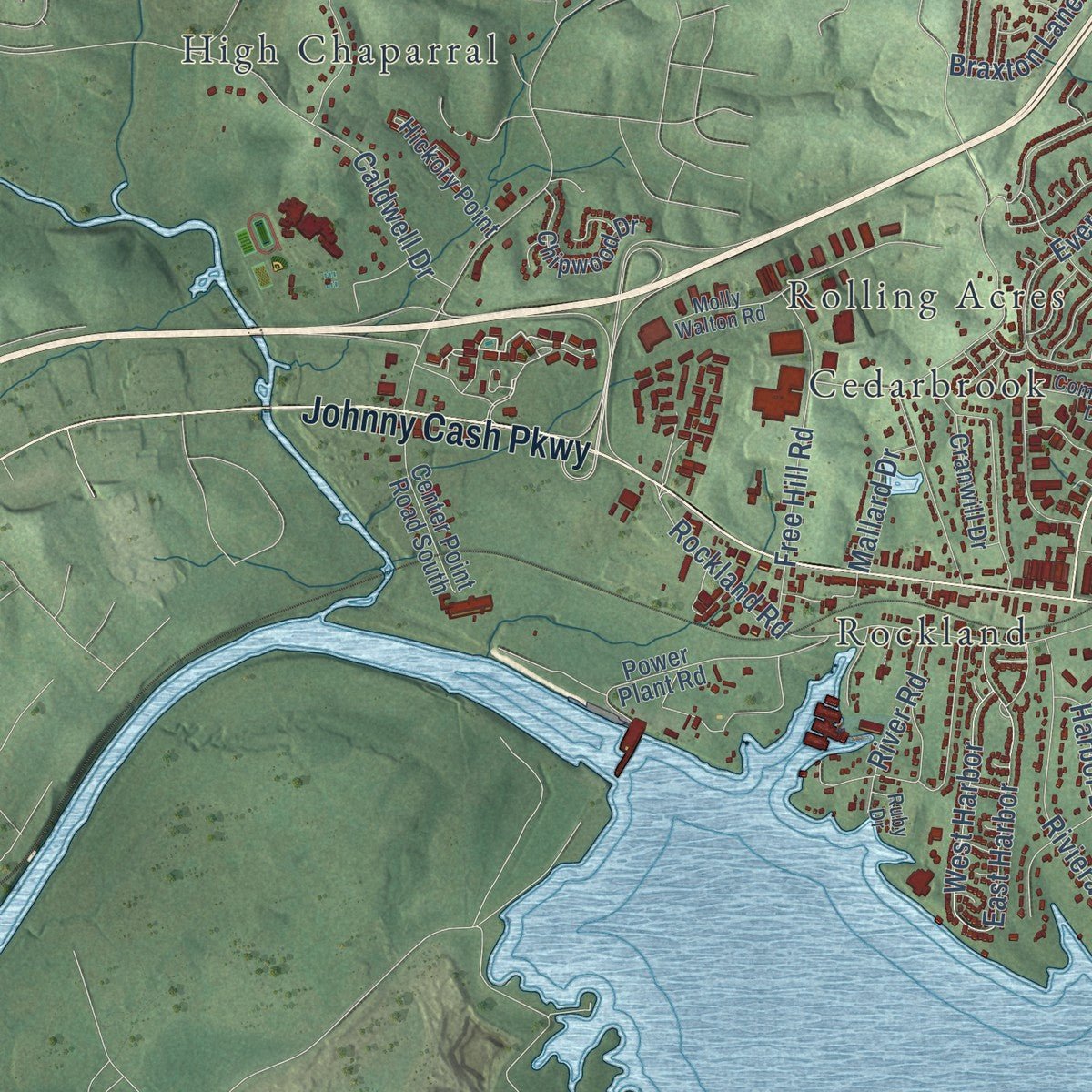 Second close-up of the map of Hendersonville, Tennessee print showing more streets and buildings