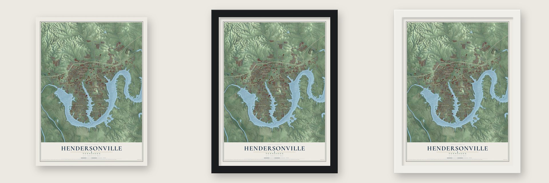 Hendersonville, Tennessee map unframed, in a black wood frame and in a white wood frame