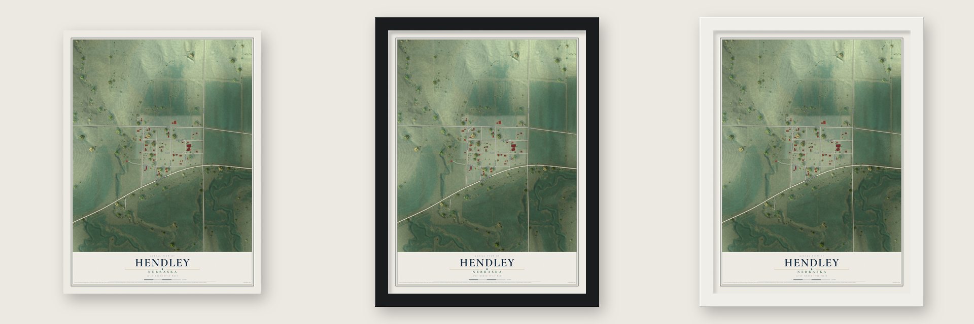 Hendley, Nebraska map unframed, in a black wood frame and in a white wood frame