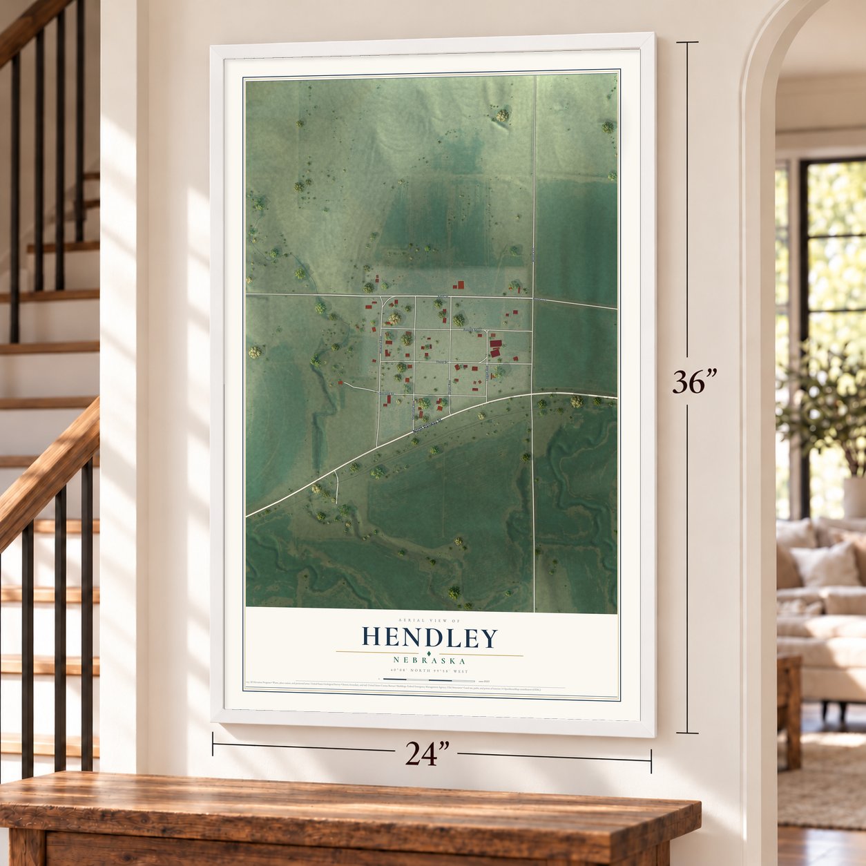 Hendley, Nebraska map, 24 x 36 inch print in a white frame by a staircase