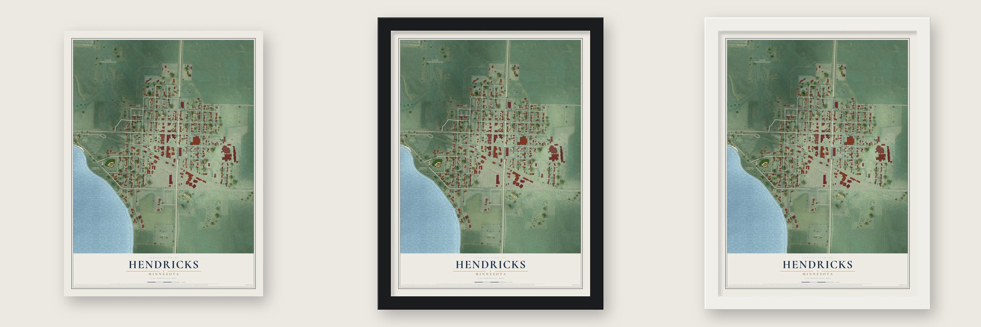 Hendricks, Minnesota map unframed, in a black wood frame and in a white wood frame