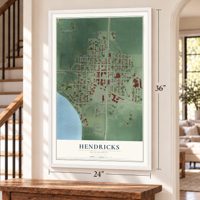 Hendricks, Minnesota map, 24 x 36 inch print in a white frame by a staircase